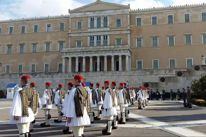 Evzones ceremonial guards in formation at Syntagma Square, Athens highlights private tour with Corinth day trip