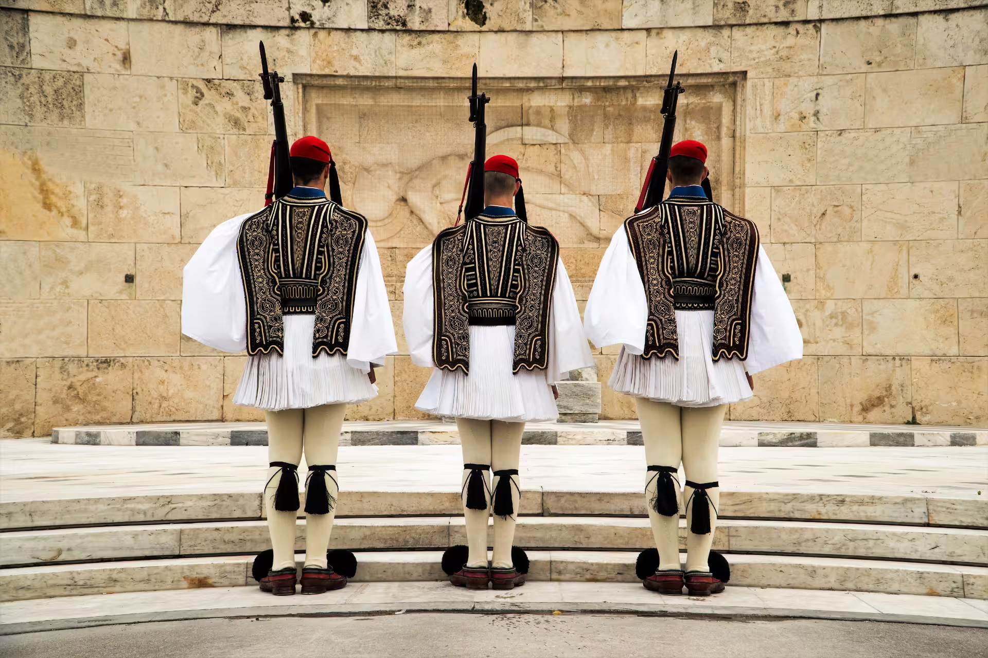 Evzones guards at the Tomb of the Unknown Soldier, Athens city sightseeing on full-day Poseidon sunset tour