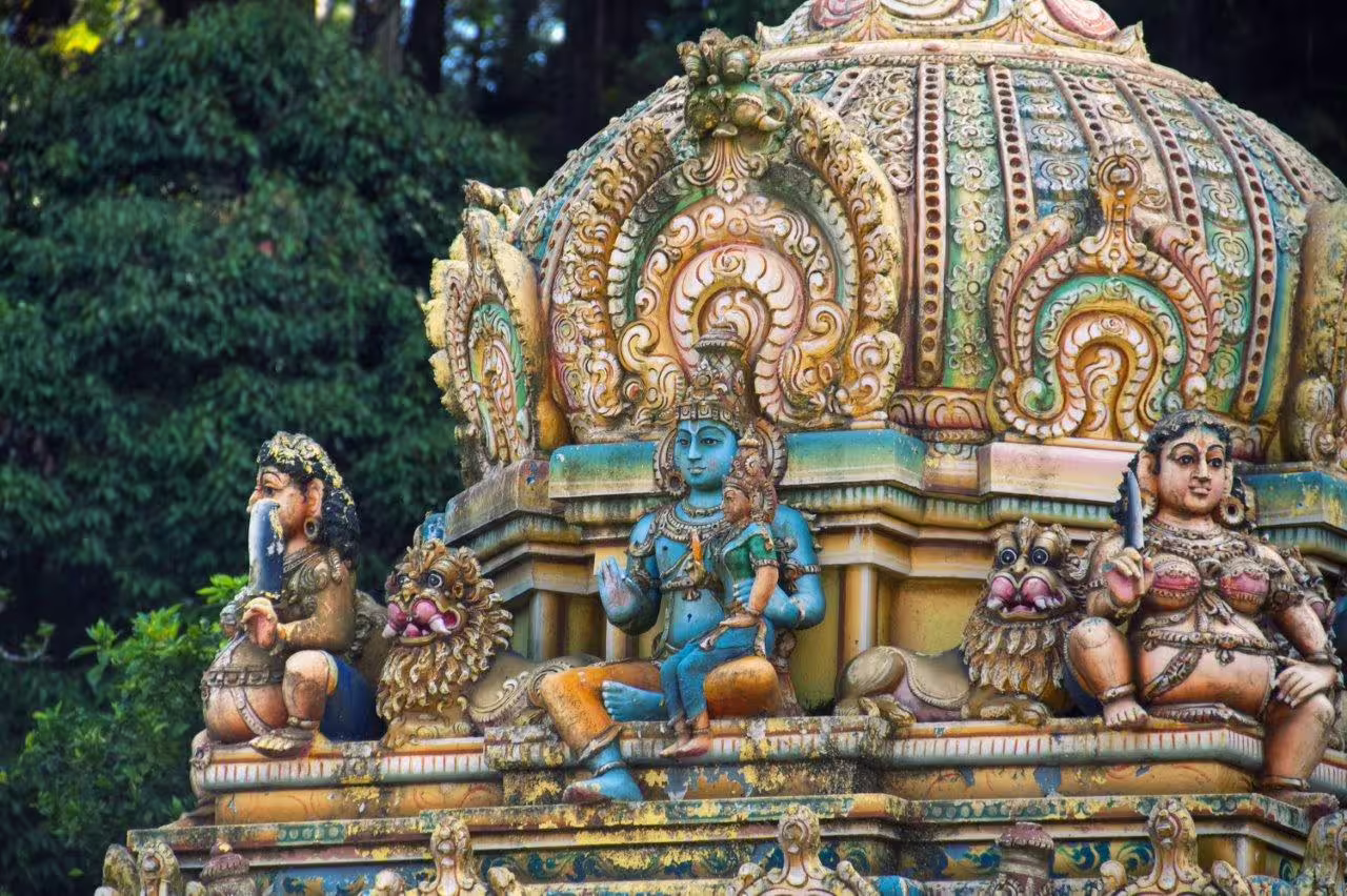 Ornate temple sculptures depict deities, highlighting cultural heritage on the exclusive tea tour experience.