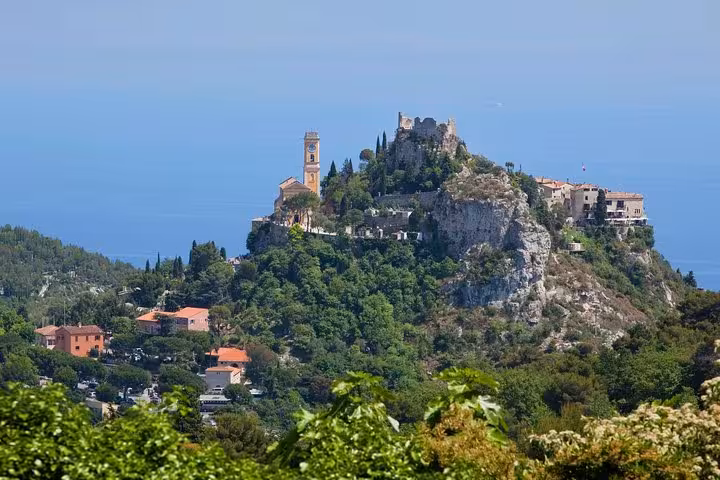 Hilltop village of Èze perched on rocky cliff with Mediterranean Sea views, French Riviera