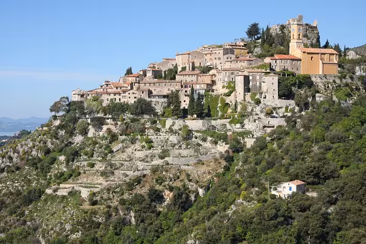 Hilltop village of Eze perched on rocky cliffs with Mediterranean Sea views, French Riviera