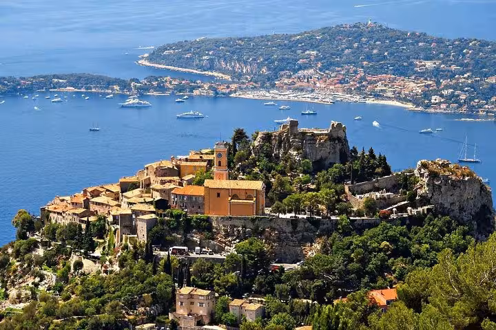 Scenic view of Eze village perched on a hilltop overlooking the Mediterranean Sea on the Monaco, Monte Carlo tour.