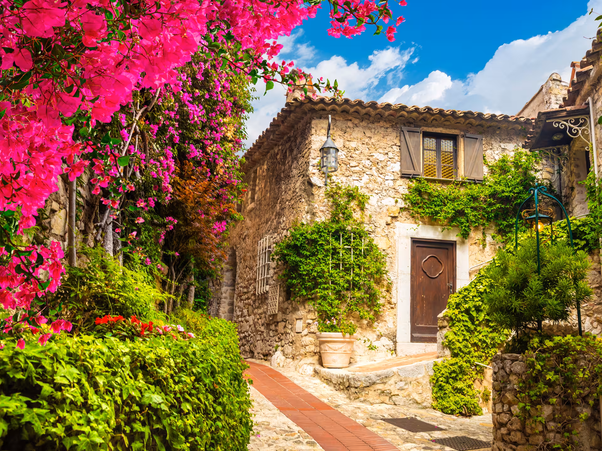 Charming stone house with vibrant bougainvillea flowers lining a narrow cobblestone street in Eze Village, France