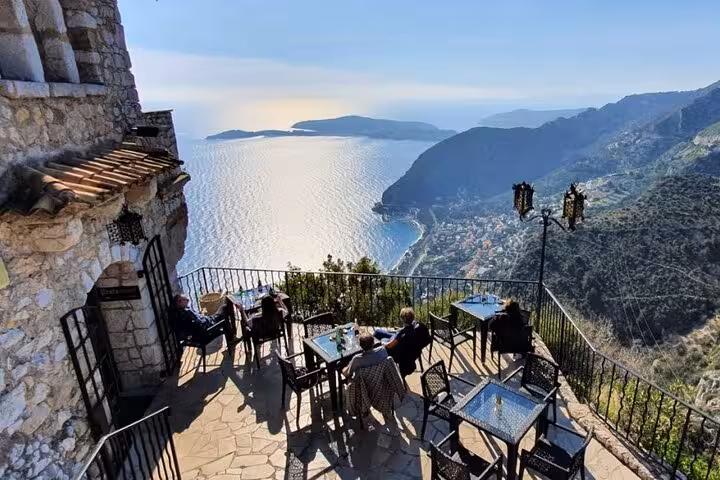 Scenic terrace café in Eze village overlooking the French Riviera coastline and Mediterranean Sea
