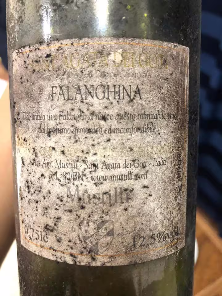 Aged Falanghina wine bottle from Sant’Agata de’ Goti cellars, showcasing traditional Campania winemaking on a tasting tour