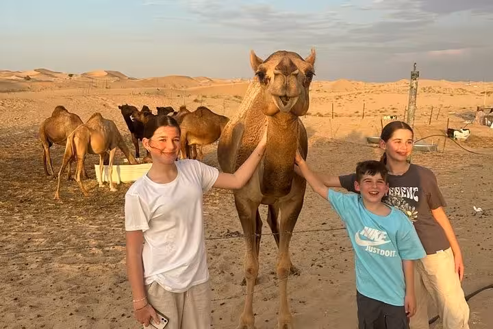 Family posing with camel in Dubai desert camp, a highlight of multi day Dubai to Abu Dhabi tour adventure
