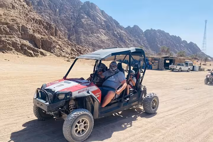 Family car buggy in Sharm El Sheikh desert, 4-seater UTV ride with mountains and sand tracks