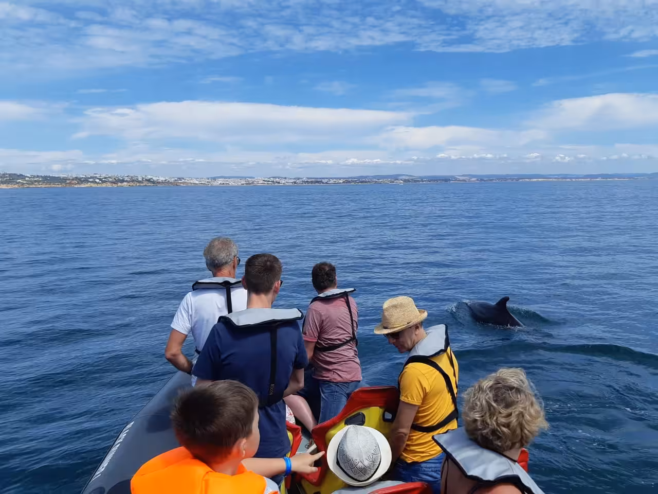 Family on a RIB boat sees dolphins in open sea on Albufeira Marina tour, Algarve Benagil Caves and wildlife trip
