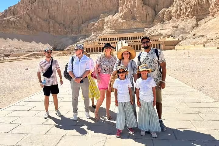 Family group at Hatshepsut Temple in Luxor on Comfort Luxor day trip from Hurghada with King Tut tomb visit
