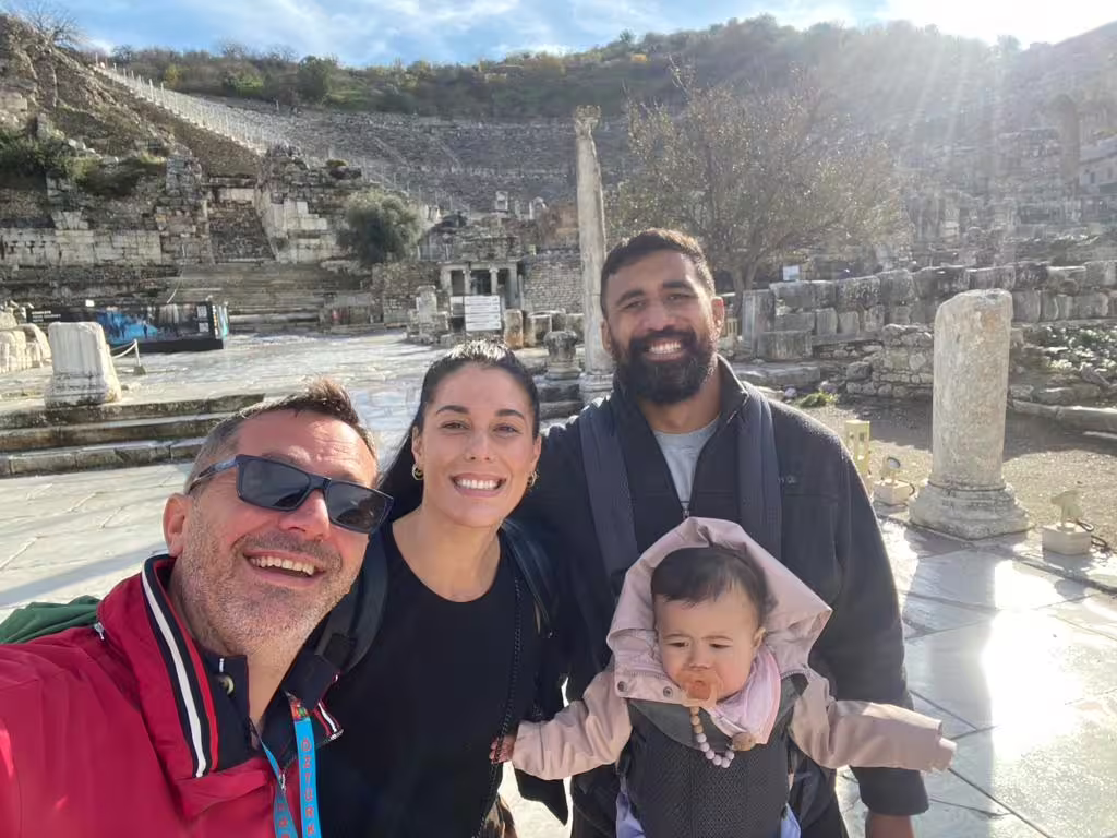 Happy family selfie at Ephesus ancient ruins on a private panoramic tour near Kusadasi, Turkey