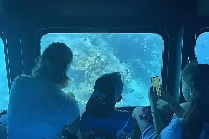 Family viewing Red Sea coral reef through semi-submarine window on 2-hour Hurghada snorkeling tour