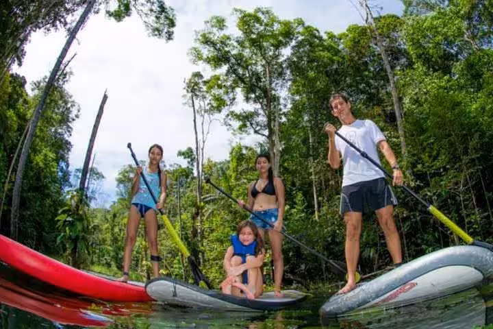 Family on stand up paddleboards in Amazon rainforest lagoon, guided SUP tour with jungle backdrop
