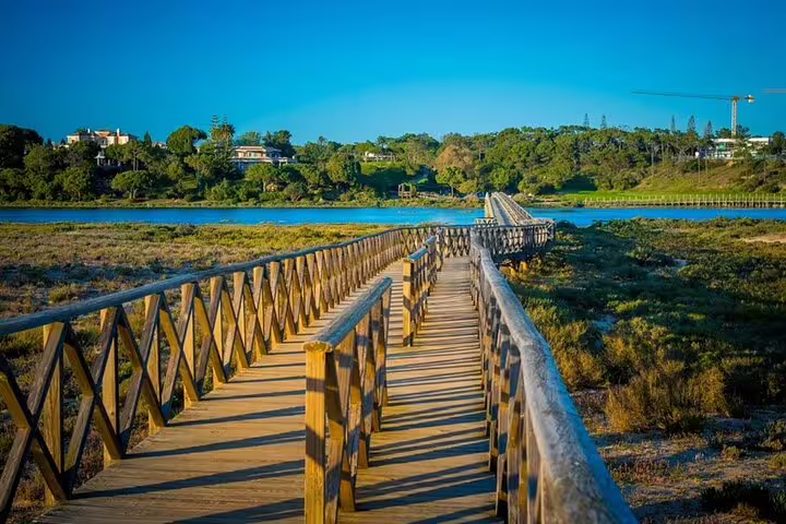 Wooden boardwalk over scenic marshland in Faro, Portugal, under a clear blue sky, perfect for quick private city tours.