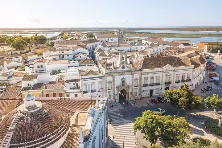 Aerial view of Faro old town and lagoon scenery on Algarve day trip to Vila Real de Santo António