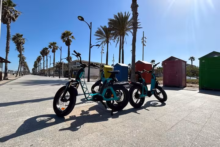 Fat-tire e-bikes on Valencia beach promenade with palm trees, perfect for guided coastal e-bike tour
