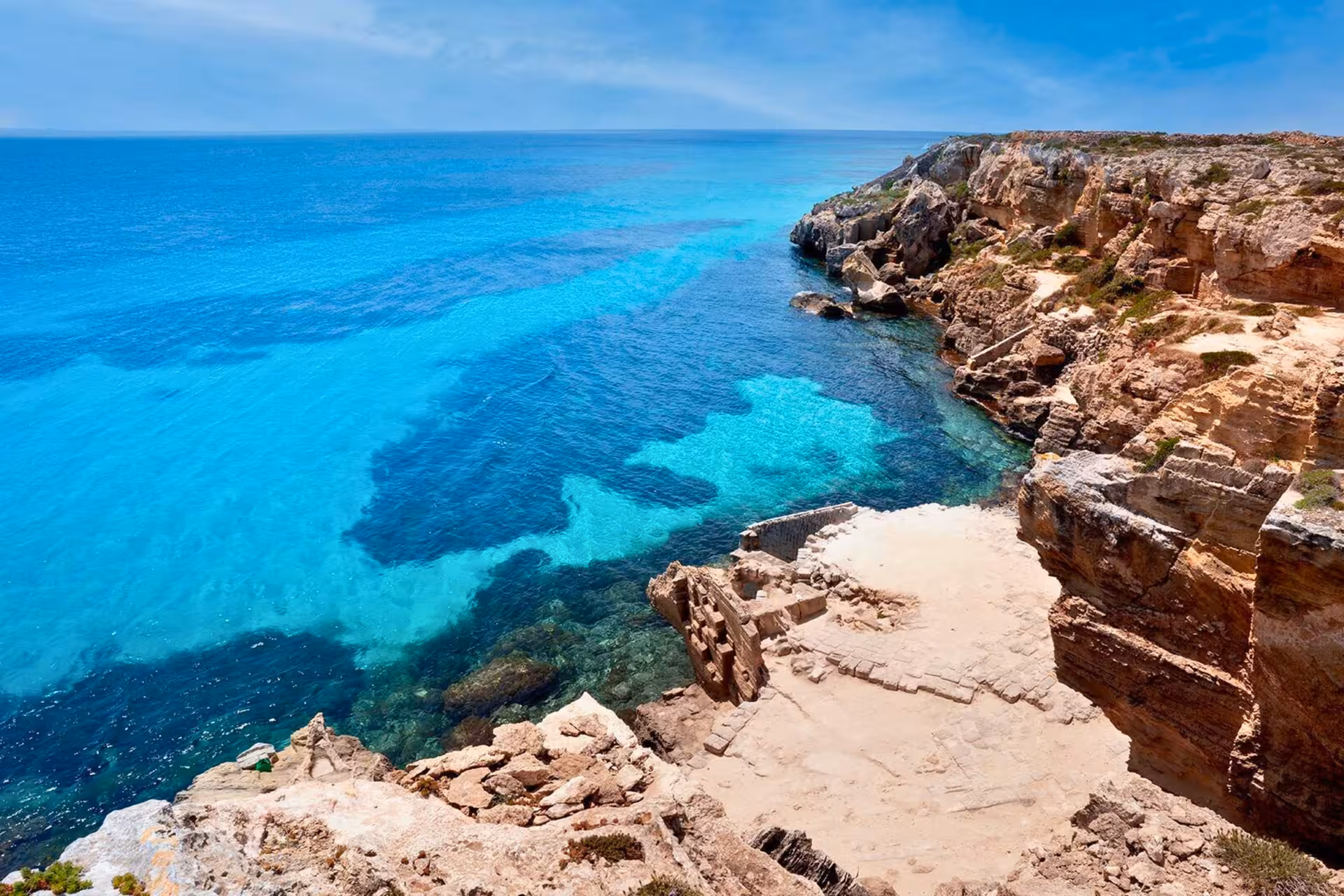 Rocky Favignana coastline and crystal-clear sea on Egadi Islands private boat excursion from Trapani
