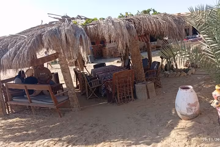 Rustic outdoor seating with palm-thatched roofs at Fayoum Oasis, perfect for relaxation during a private tour from Cairo.