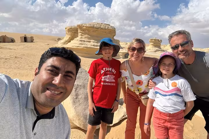 Family selfie at Wadi El Rayan rock formations on Fayoum Oasis private full-day tour from Cairo, Egypt