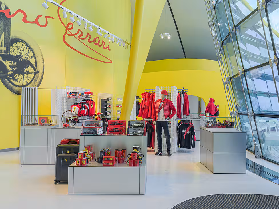 Ferrari Museum Modena gift shop with official merchandise, included with Maranello Modena Ferrari Museums combo ticket