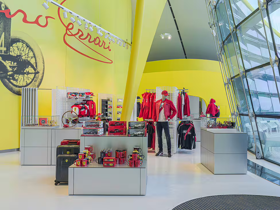 Ferrari Museum Modena gift shop with official Ferrari apparel and souvenirs, included in Modena combo visit