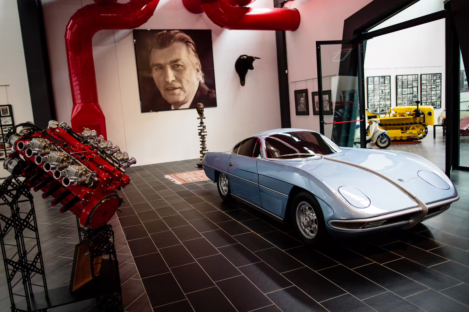 Light blue concept car and V12 engine exhibit at Ferruccio Lamborghini Museum Bologna entry ticket experience