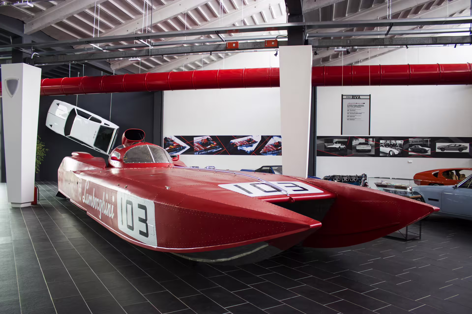 Ferruccio Lamborghini racing boat on exhibit at the Lamborghini Museum Bologna, included with entry ticket