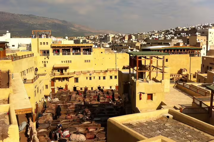 Panoramic view of Fes Chouara Tannery vats in the medina, Morocco, on Your Own Morocco cultural tour