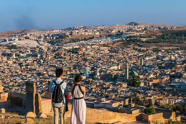 Panoramic view over Fez medina from a hilltop lookout on Morocco 9-day tour from Tangier to Marrakech