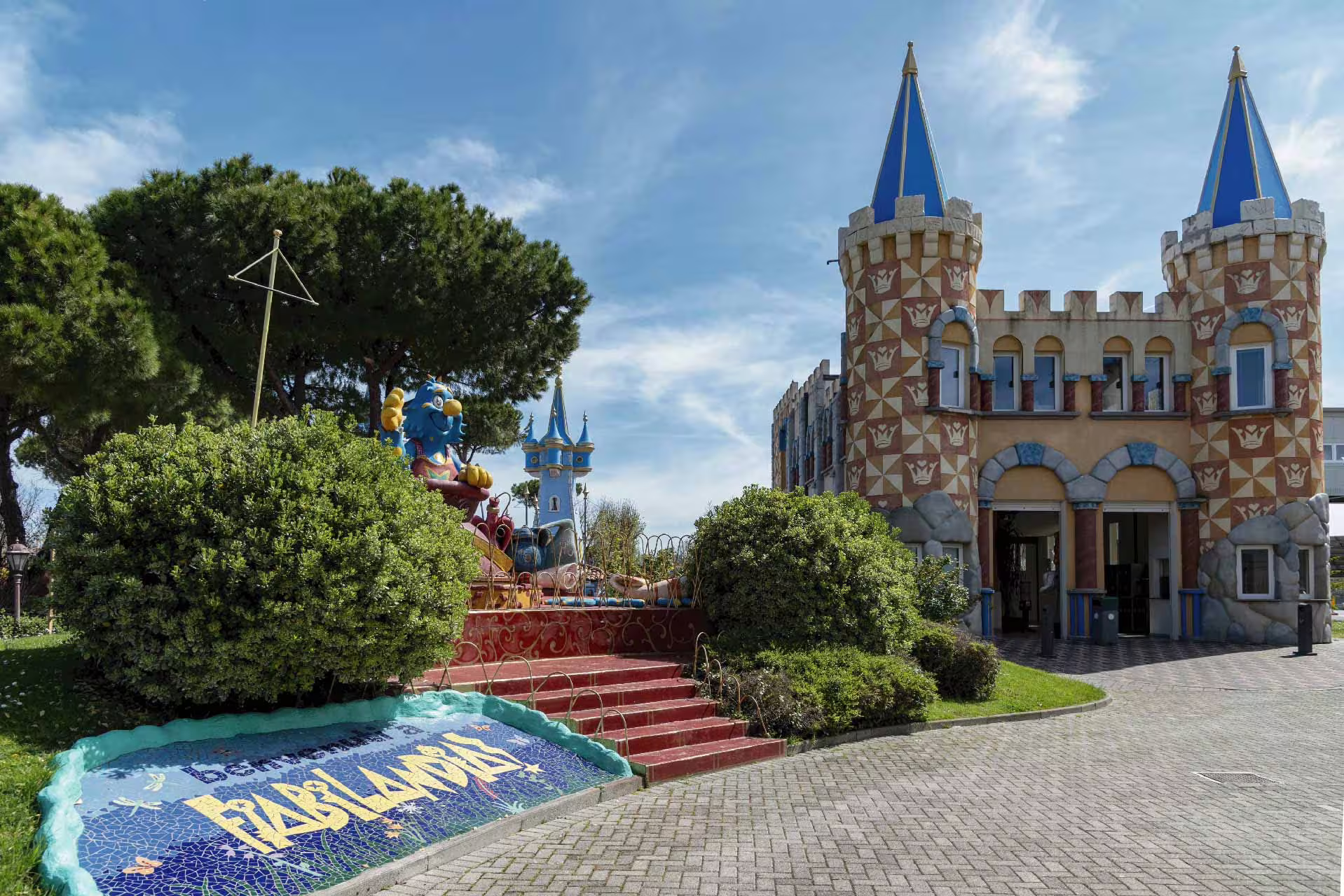 Fiabilandia Rimini entrance with fairytale castle towers, main gate for family amusement park entry ticket
