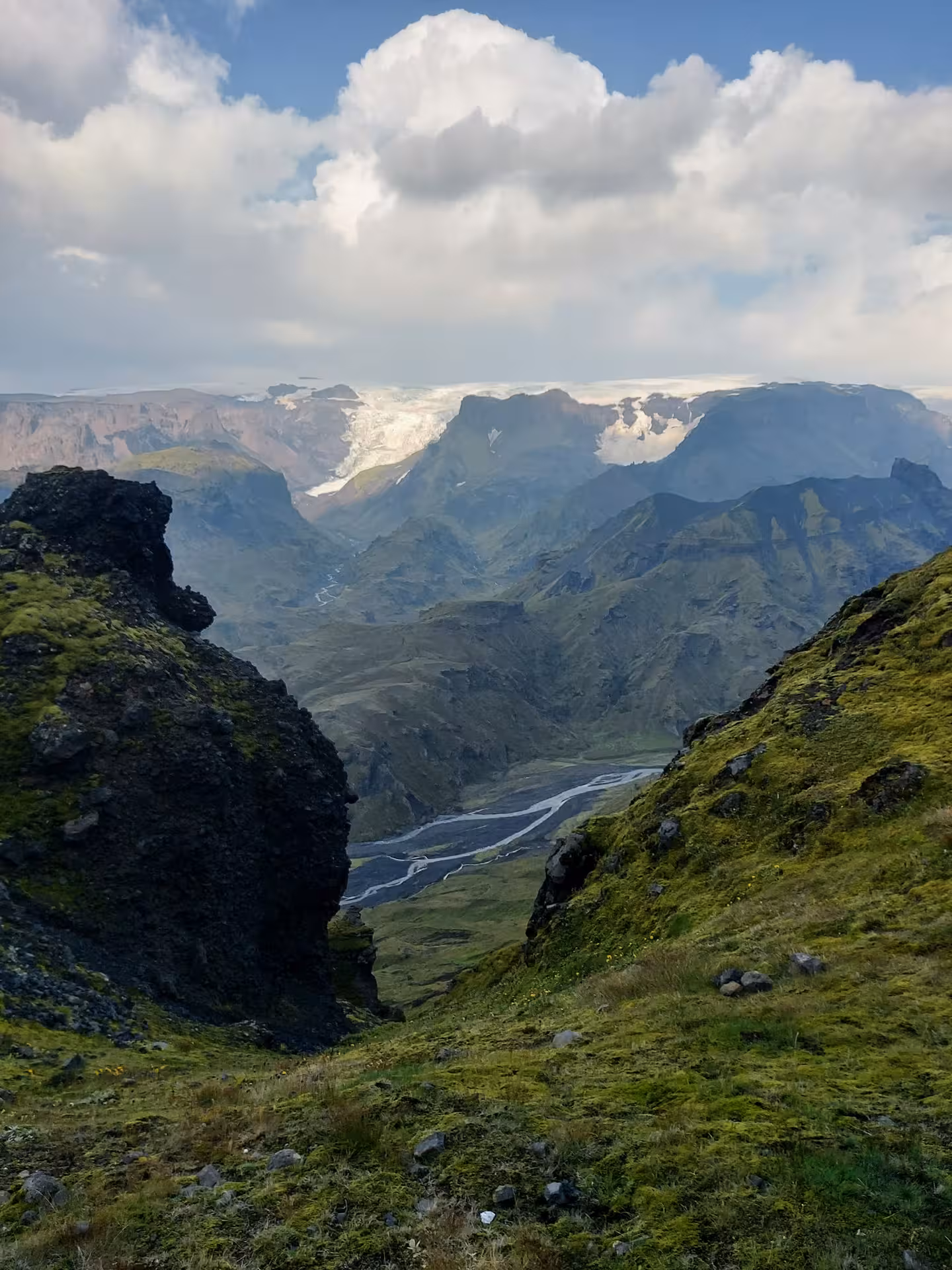 Panoramic view of Þórsmörk valley with glacial river and Eyjafjallajökull glacier from Fimmvörðuháls hiking trail