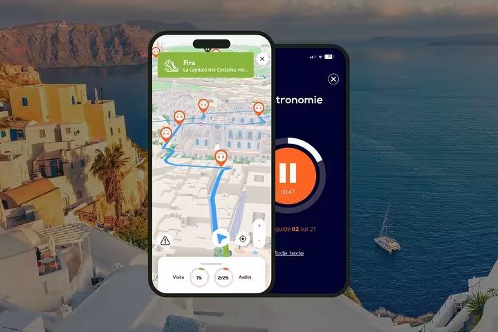 Fira Santorini self-guided walking tour app showing 3D map navigation and audio guide on two smartphones