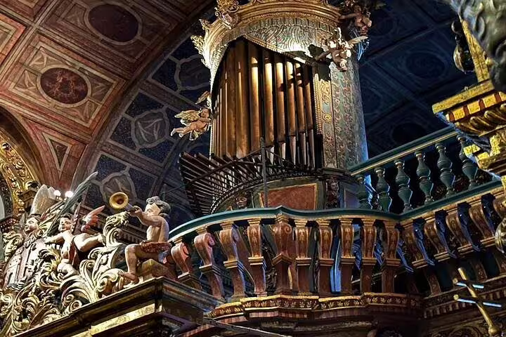 Intricate baroque architecture inside a historic building on Fiscal Island during the Rio boat tour.