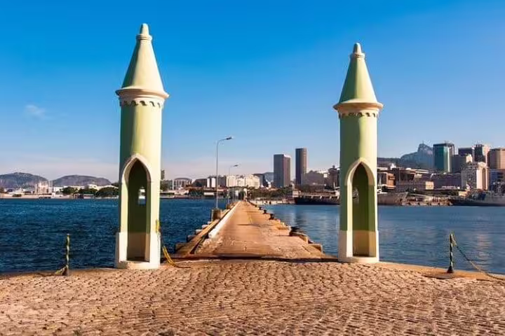 Scenic entrance to Fiscal Island with Rio de Janeiro skyline in the background, seen on the boat tour.