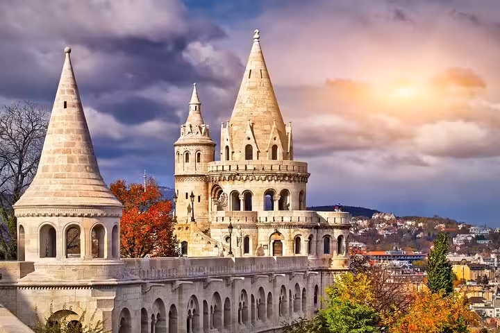 Sunset view of Fisherman’s Bastion towers in Budapest on small-group Vienna to Bratislava and Budapest day trip