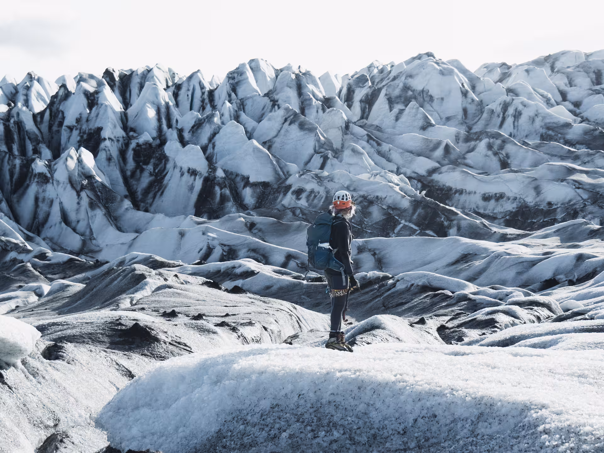 Guided glacier hiker on Fláajökull, Iceland, during full-day kayak and glacier hike combo adventure tour