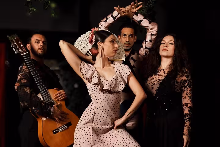 A dynamic Flamenco ensemble in Barcelona captivates with traditional dance, music, and vibrant costumes.