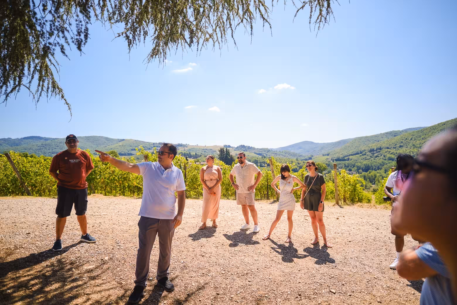 Tour guide in Chianti wine region explaining vineyard views to a group during a private half-day tour from Florence.