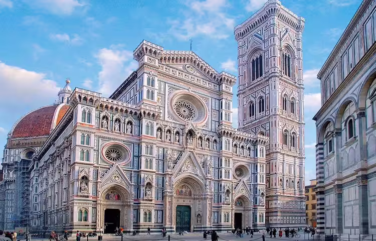 Florence Duomo and Giotto’s Bell Tower on a clear day, visited on a semi-private day trip from Rome with Tuscan lunch