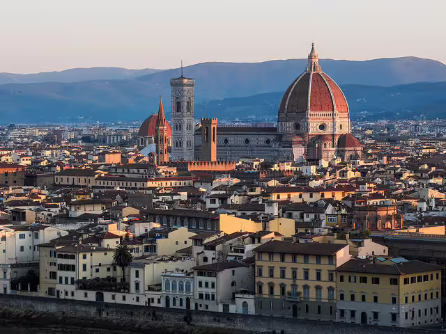 Panoramic sunset view of Florence skyline with the Duomo, included in semi-private Florence and Pisa full-day tour from Rome