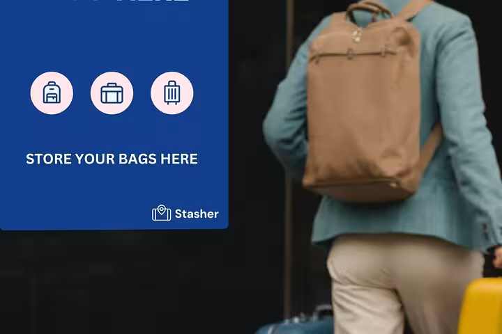 Traveler with backpack and suitcase beside store your bags here sign for Florence luggage storage booking