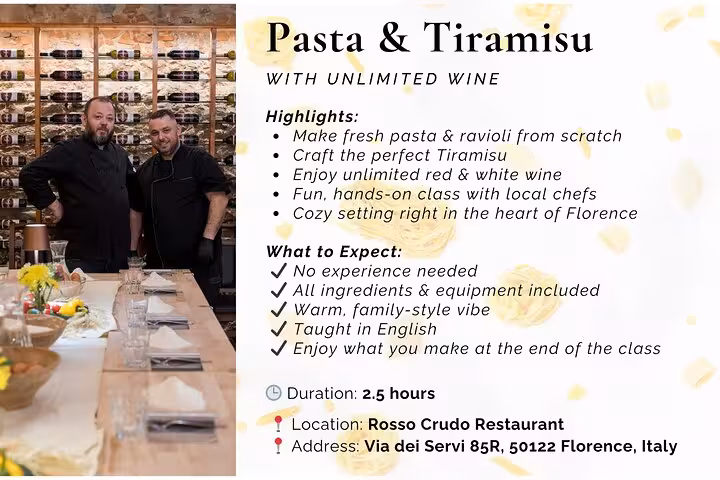 Pasta & Tiramisu cooking class flyer highlights hands-on experience in Florence with unlimited wine.
