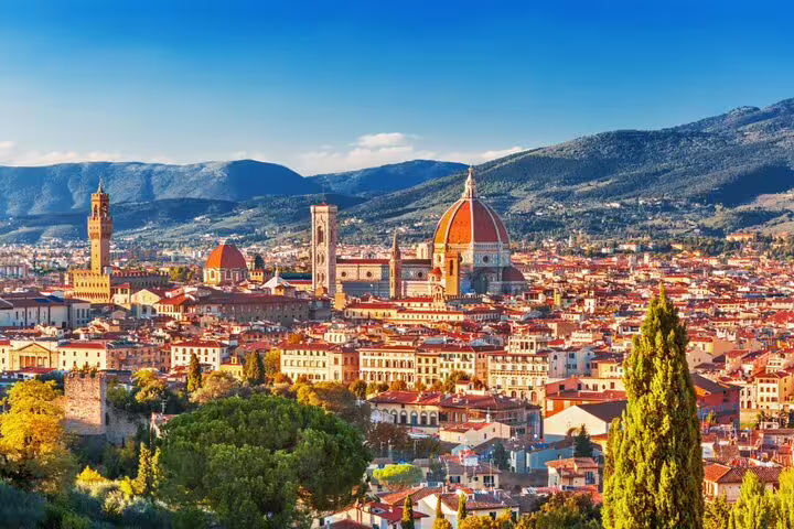 Panoramic view of Florence skyline with Brunelleschi's Dome and Palazzo Vecchio tower, Italy