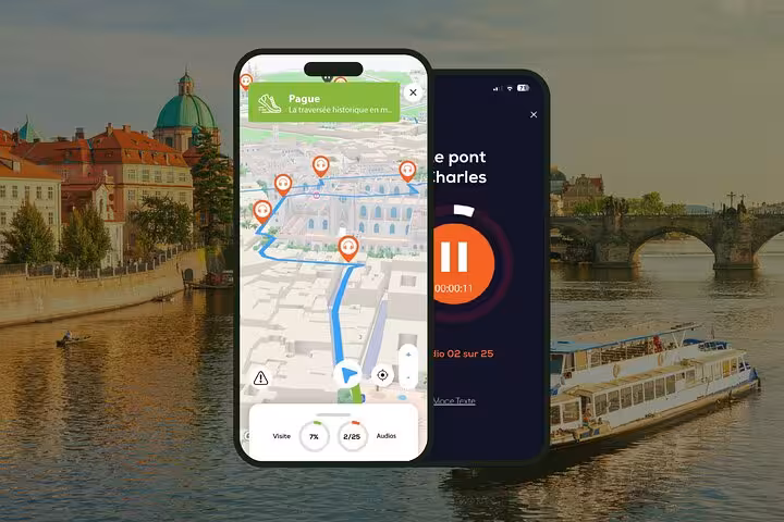 Self-guided audio tour app with 3D GPS map and audio guide on smartphone screens