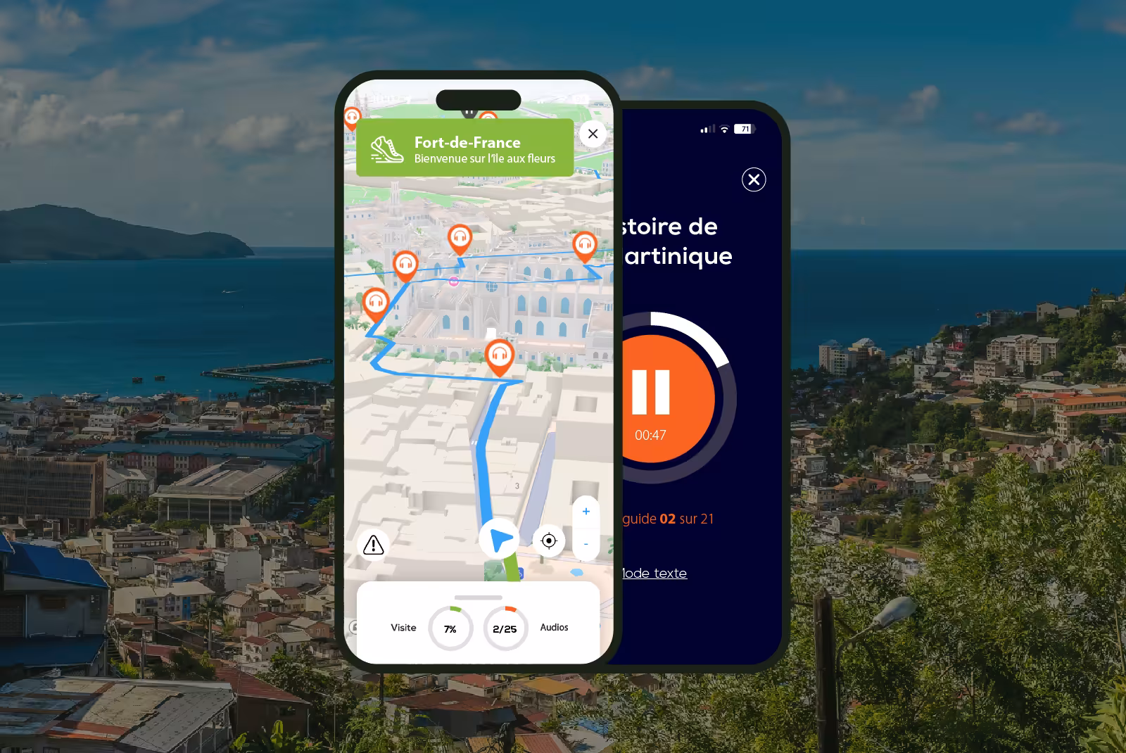 Fort-de-France audioguide mobile application interface on smartphone with the city and the bay in the background.