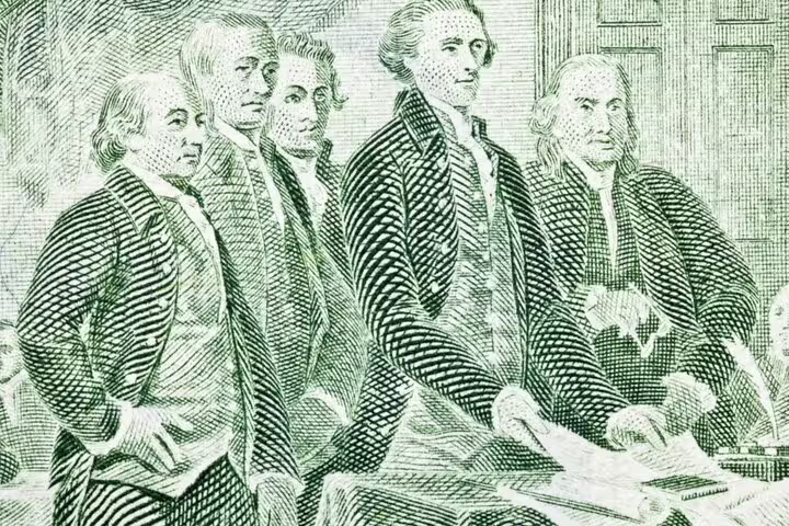 Green engraving of Founding Fathers signing Declaration of Independence, colonial era historical illustration