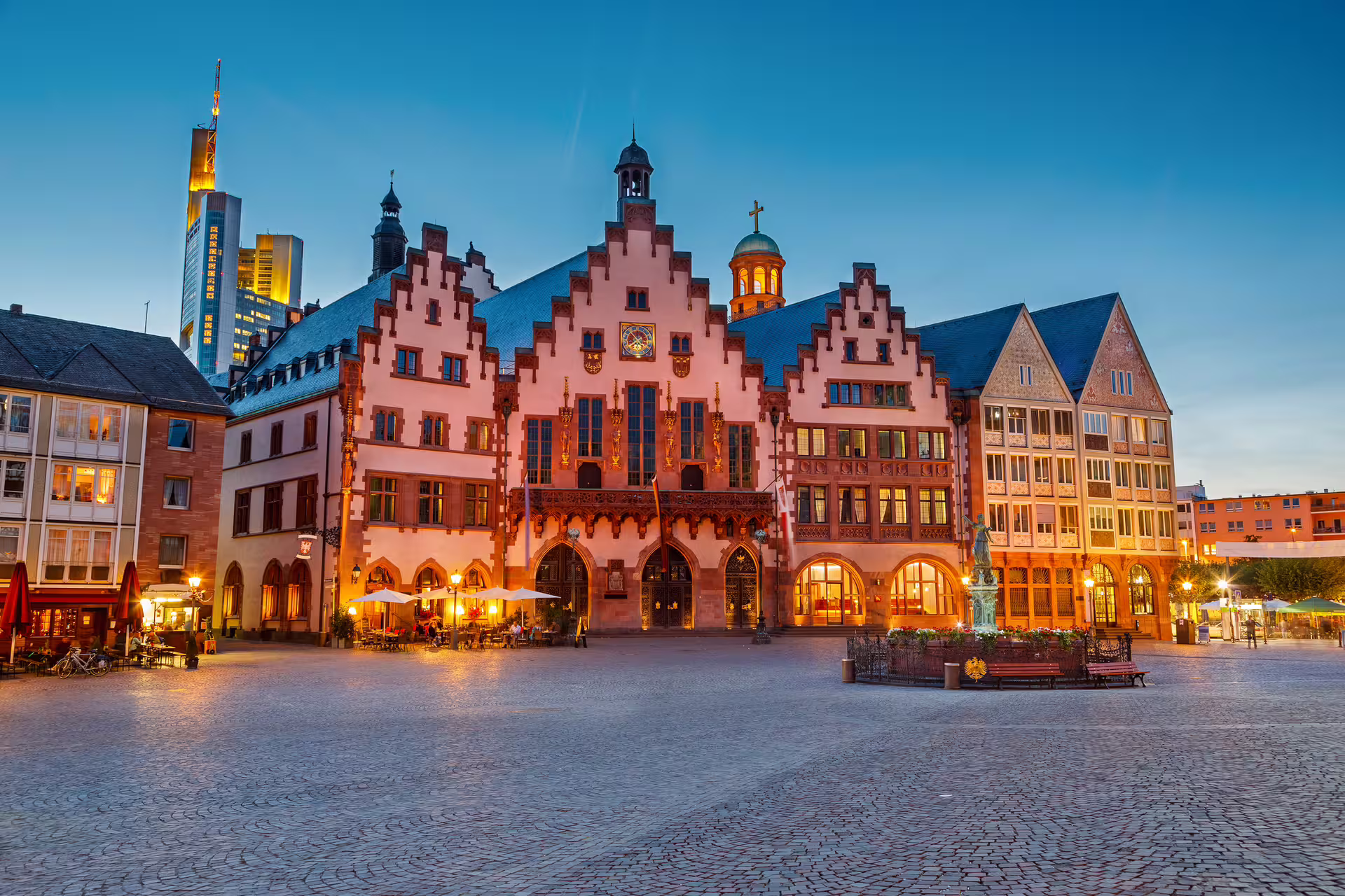 Frankfurt Römerberg square and Römer town hall at dusk, highlight of 1-day walking tour with audioguide