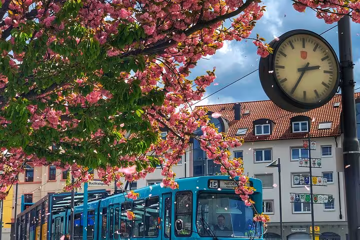 Teal tram number 15 at Frankfurt stop with pink cherry blossoms and street clock in spring