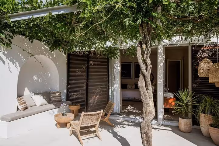 Charming outdoor patio with lush greenery and cozy seating at a Franschhoek retreat on the Blue Line tour from Cape Town.