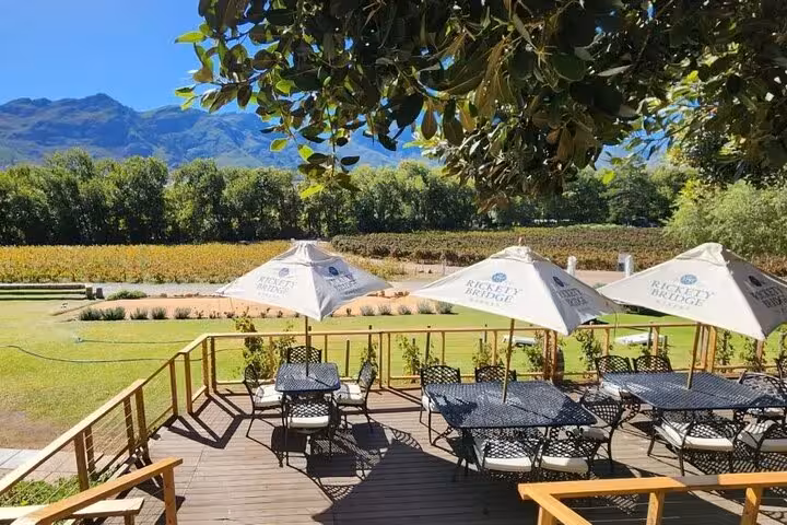 Scenic vineyard view from a deck with shaded seating at a Franschhoek winery on the Blue Line tour from Cape Town.