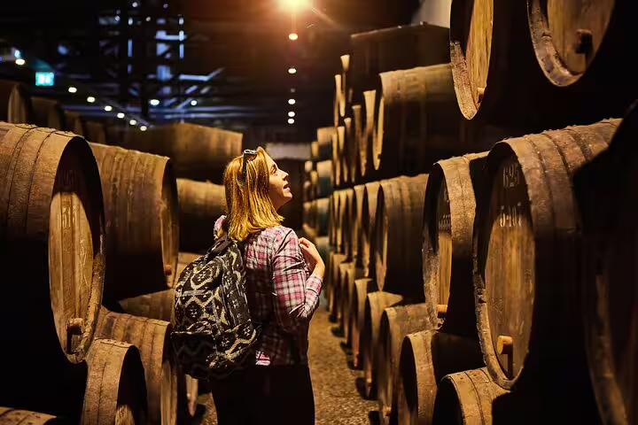 Visitor explores a rustic wine cellar at a Frascati vineyard, surrounded by wooden barrels during a private day trip with tasting.